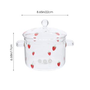 Hemoton Strawberry Pattern High Borosilicate Pot Lid Handles 64 oz Glass Noodle Ramen Pot Simmer Pot Stovetop Cooking Transparent Cookware Pasta Soup Milk Tea