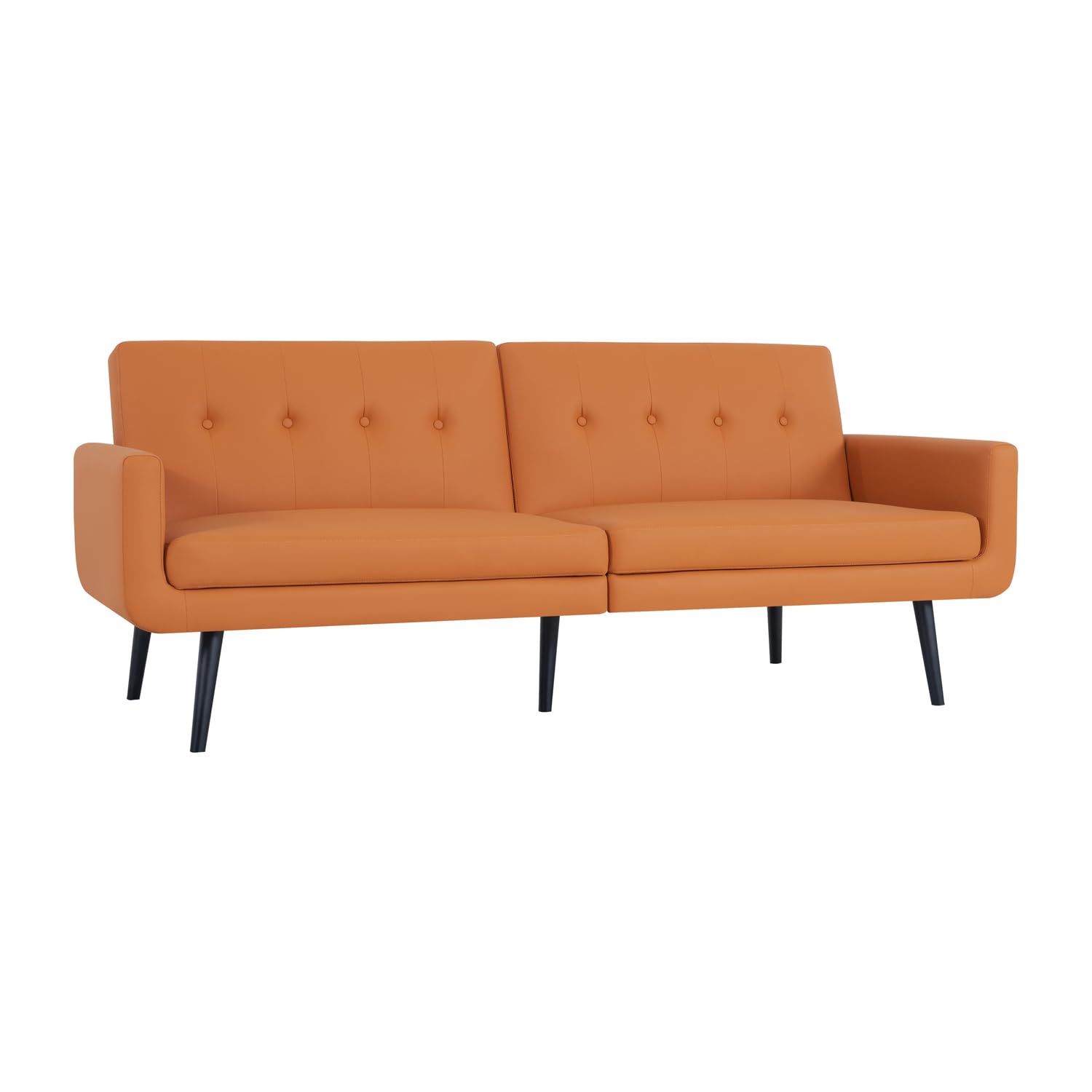 Naomi Home Monica Leather Futon Sofa, Caramel, Mid Century Modern Style, Faux Leather, Split Back, Tapered Legs, Living Room, 78.34x33.85x32.48 inches, 300 pounds Weight Recommendation