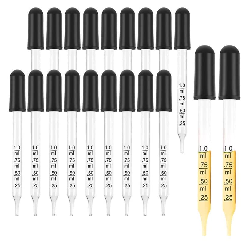 Glass Liquid Droppers - 20PCS 1ml Glass Dropper with Black Suction Bulb for Eye Medicine Drops, Essential Oil, Crafts, Skincare, Scientific Experiments, Measuring and Transferring