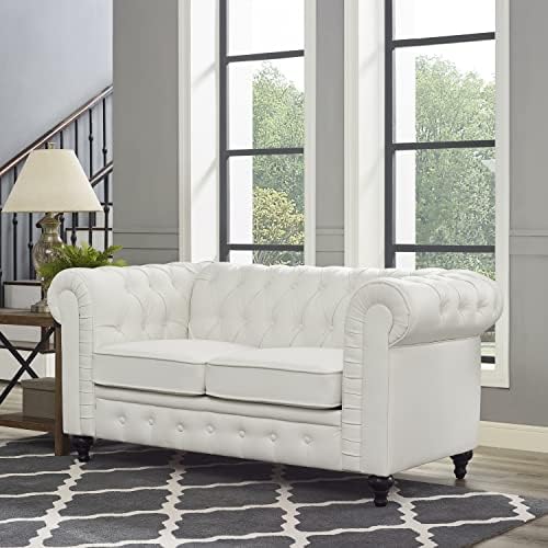 Naomi Home Emery Chesterfield Leather Loveseat, Mini Sofa Sleeper Loveseat, Small Sofa Bed with Rolled Arms, Tufted Cushions 2 Seater Sectional Small Loveseat for Small Spaces, Living Room White