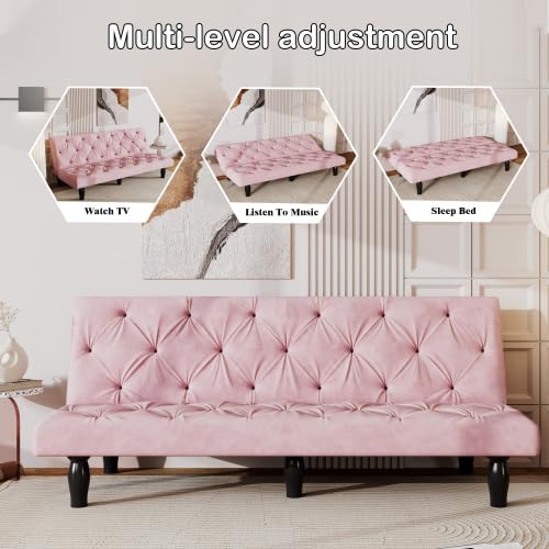 Anwickmak Velvet Convertible Futon Sofa Bed, Mid Century Green Fabric Couch, Sleeper Loveseat with Golden Metal Legs, Couches for Small Spaces (Pink)