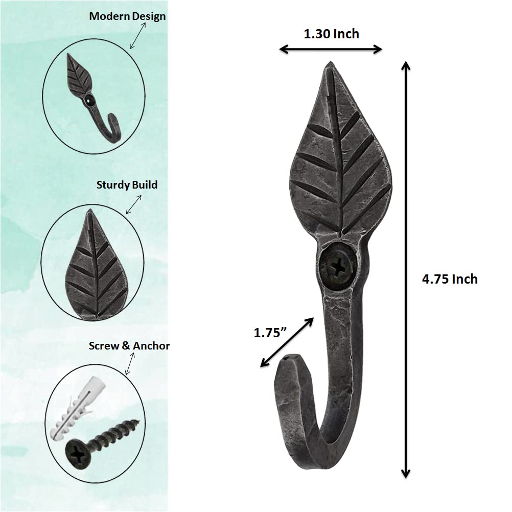 Hand Forged Metal Leaf Hook Wrought Iron Handmade Wall Mounted Coat Hook Blacksmith Metal Wall Towel Hooks Rack Home Classic Look Black Antique Finish Wall Hooks by Living Ideas