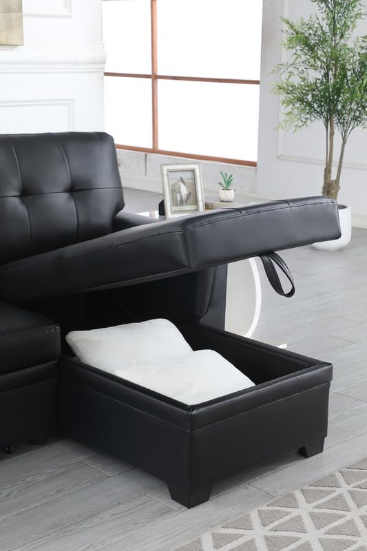 Lilola Home Lexi Black Synthetic Leather Modern Reversible Sleeper Sectional Sofa with Storage Chaise