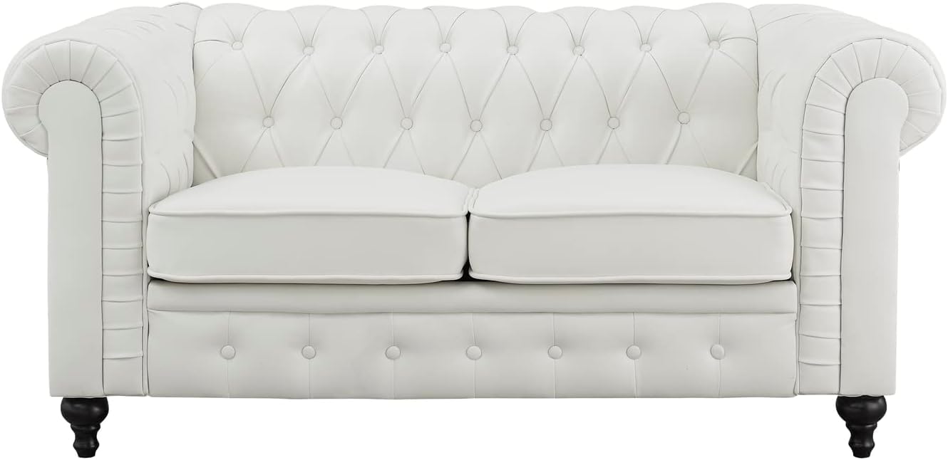 Naomi Home Emery Chesterfield Leather Loveseat, Mini Sofa Sleeper Loveseat, Small Sofa Bed with Rolled Arms, Tufted Cushions 2 Seater Sectional Small Loveseat for Small Spaces, Living Room White