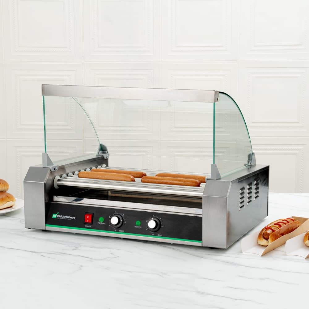 Restaurantware Hi Tek Hot Dog Spinner 1 Curved Glass Sneeze Guard Hot Dog Cooker - Dual Temperature Controls Removable Drip Tray Stainless Steel Hot Dog Roller No-Slip Feet Fits 24 Hot Dogs