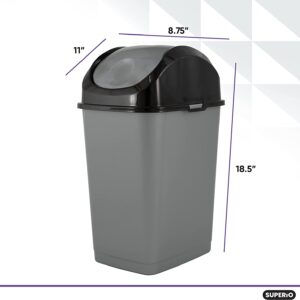 Superio Trash Can for Dorm Room with Lid 4.5 Gallon Plastic Garbage Can with Swing Top Lid, Medium Slim Waste Bin with Cover for Home, Kitchen, Office, Bedroom, Bathroom, College- 18 Qt (Gray/Black)