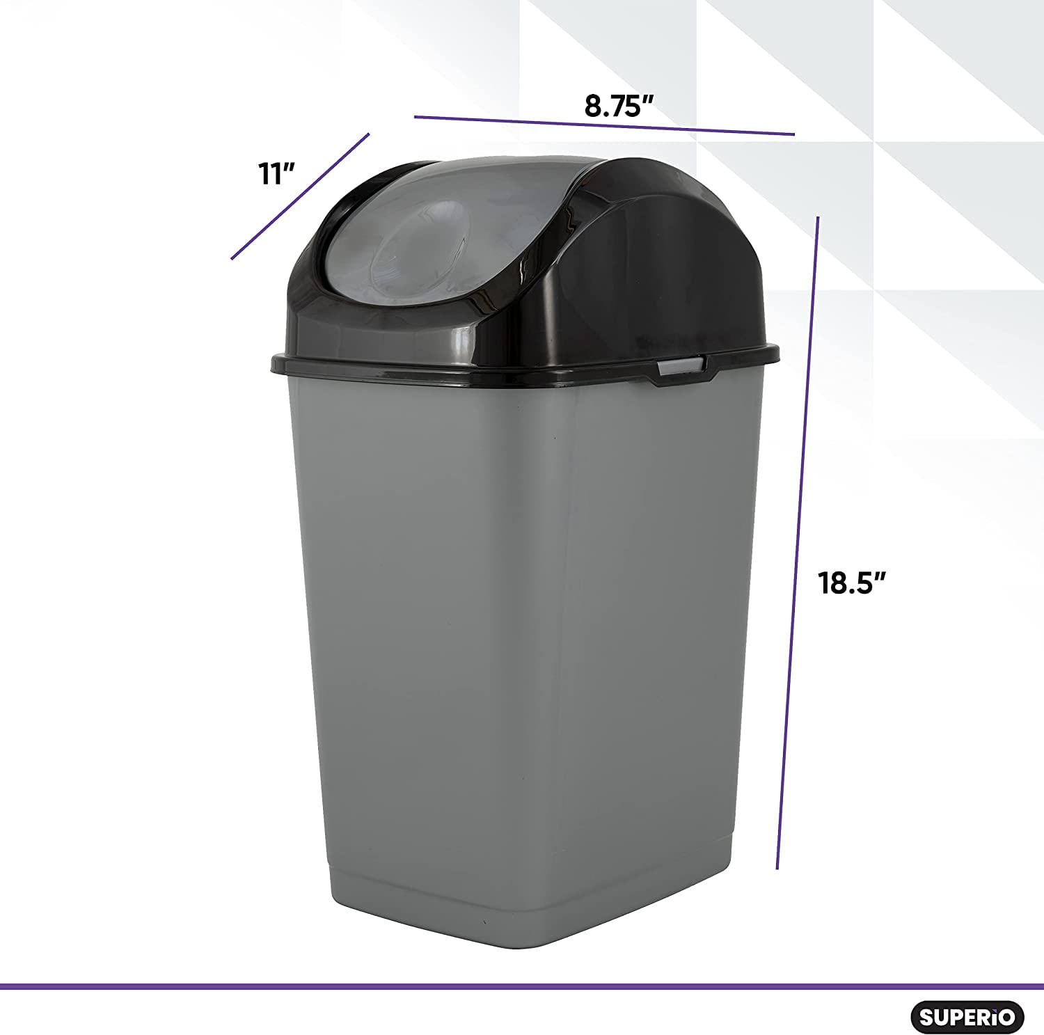 Superio Trash Can for Dorm Room with Lid 4.5 Gallon Plastic Garbage Can with Swing Top Lid, Medium Slim Waste Bin with Cover for Home, Kitchen, Office, Bedroom, Bathroom, College- 18 Qt (Gray/Black)