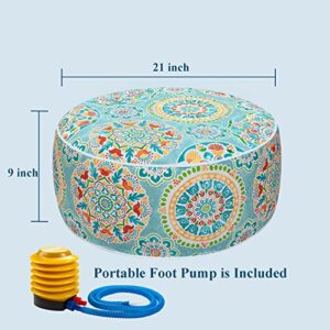 FUNHOME Inflatable Stool Ottoman Footrest with Handle, All Weather Footrest Seat with Foot Pump D20 xH9, Water Repellent Footstool Pouf for Home Patio Garden and Camping Use-Cyan Circle