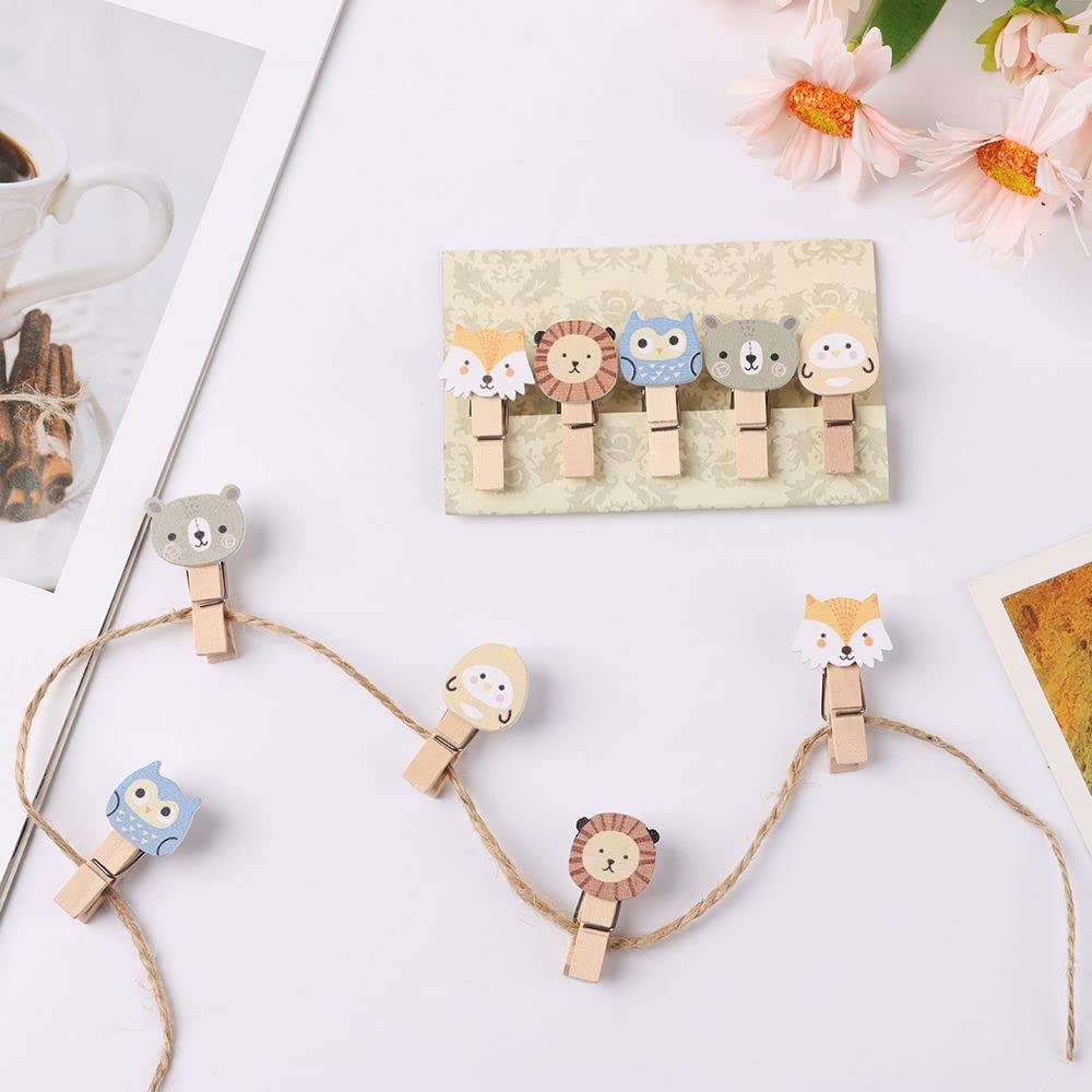 10Set/100PCS Wood Clips Animals with Twine Clothespins Cute Desk Decoration with Rope