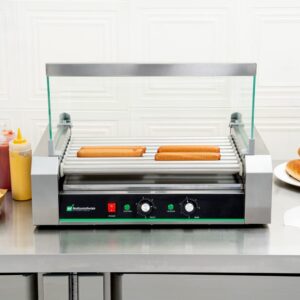 Restaurantware Hi Tek Hot Dog Spinner 1 Curved Glass Sneeze Guard Hot Dog Cooker - Dual Temperature Controls Removable Drip Tray Stainless Steel Hot Dog Roller No-Slip Feet Fits 24 Hot Dogs