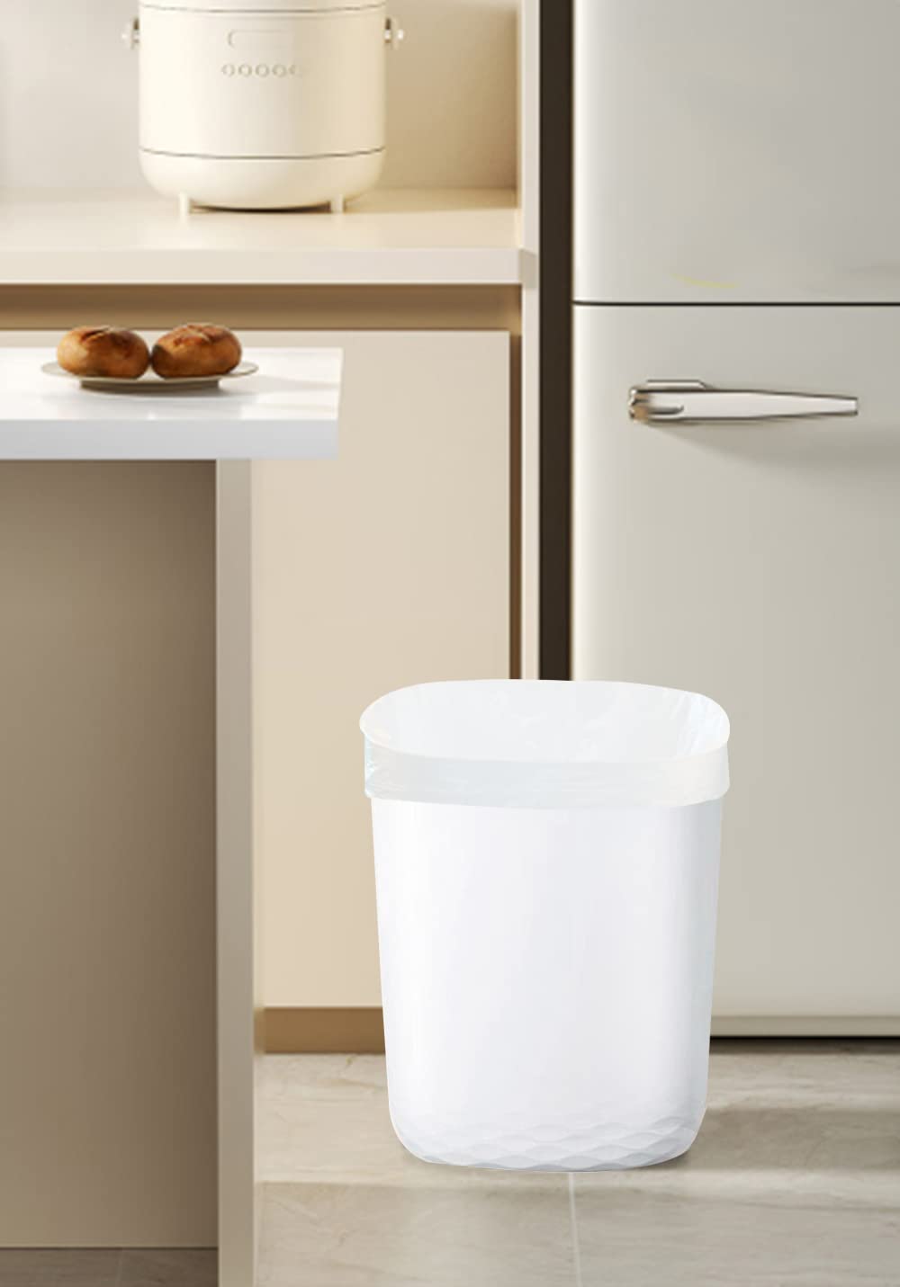 Feisco 2.4 Gallon Trash Can Wastebasket with 60 Counts of Trash Bag,Small Trash Can Garbage Container Bin for Bathroom Bedroom Kitchen Office (White)