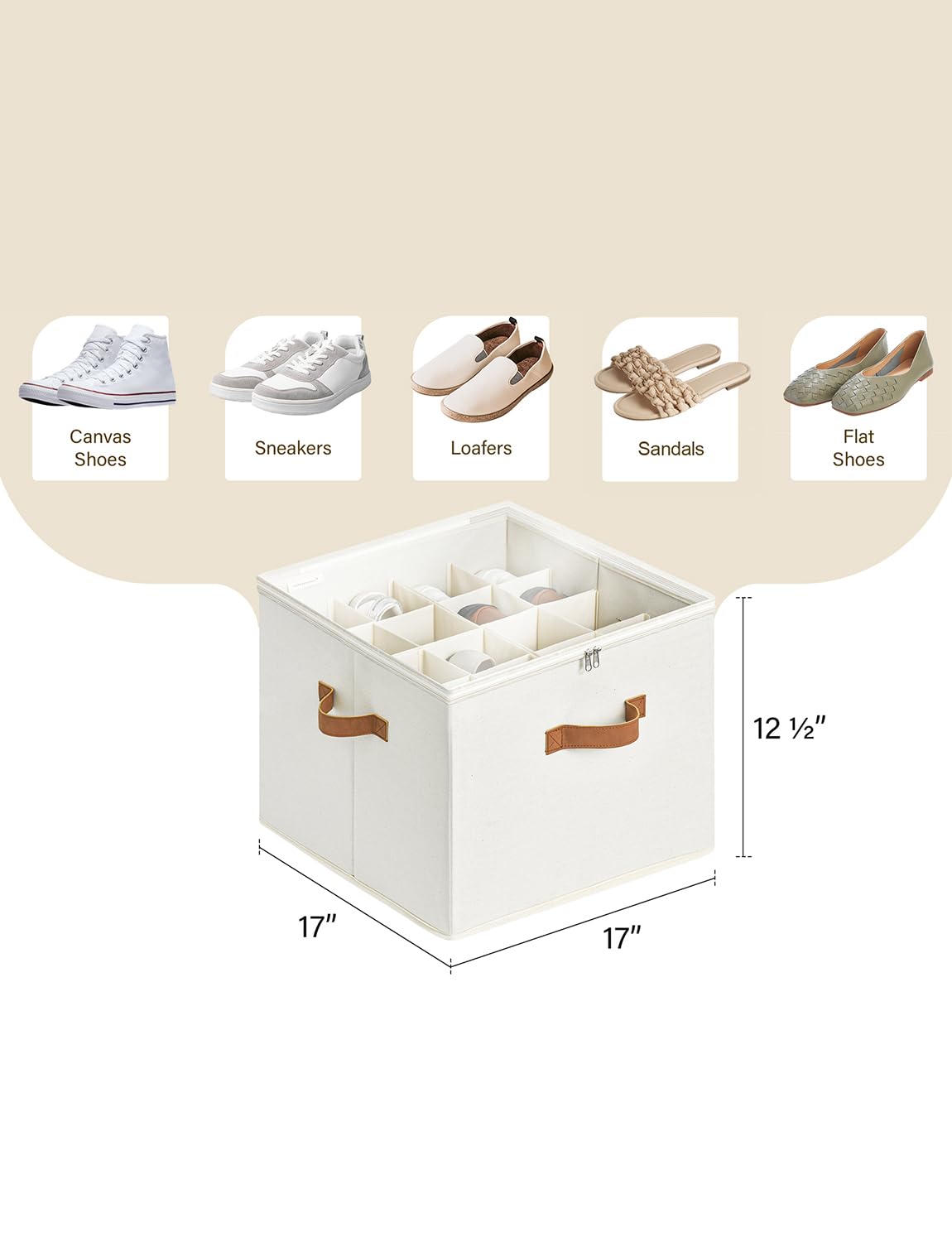 StorageWorks Shoe Organizer for Closet, Fabric Shoe Storage Bins with Clear Cover, Adjustable Dividers for Shoe Storage, Beige, 1-Pack, Shoe Cube Organizer Fits up to 16 Pairs