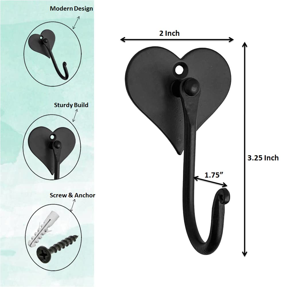 Hand Forged Heart Shape Coat Hooks Handmade Wall Mounted Hooks Wrought Iron Wall Hooks for Office and Home Matt Black Powder Coated Hooks by Living Ideas