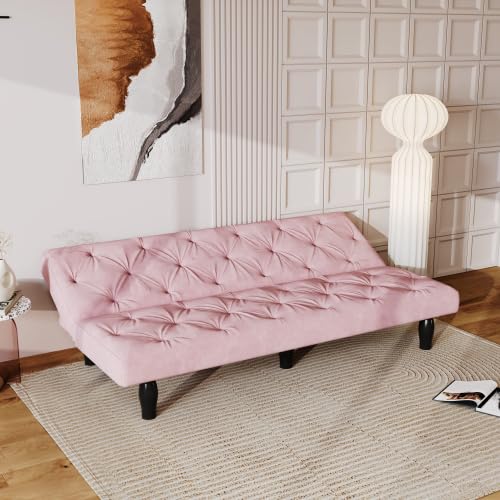 Anwickmak Velvet Convertible Futon Sofa Bed, Mid Century Green Fabric Couch, Sleeper Loveseat with Golden Metal Legs, Couches for Small Spaces (Pink)