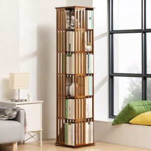 360 Rotating Bookshelf, Bamboo Rotating Storage Display Rack Standing Shelves with Open Design Shelving for Living Room Study Room Office