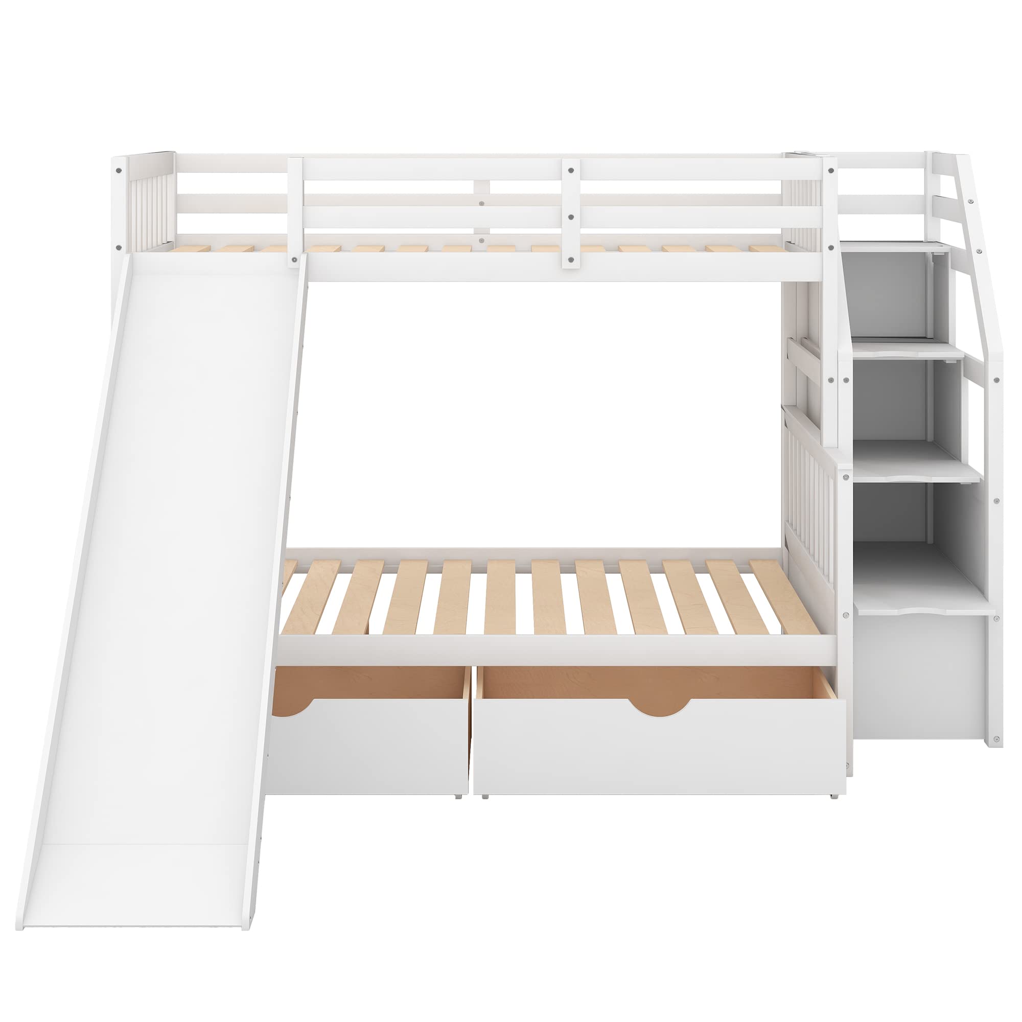 Harper & Bright Designs Bunk Bed with Slide, Twin Over Full Bunk Bed with Stairs,Wood Bunk Bed Twin Over Full Size with Storage Drawers for Kids Teens Girls Boys, No Spring Box Needed, White