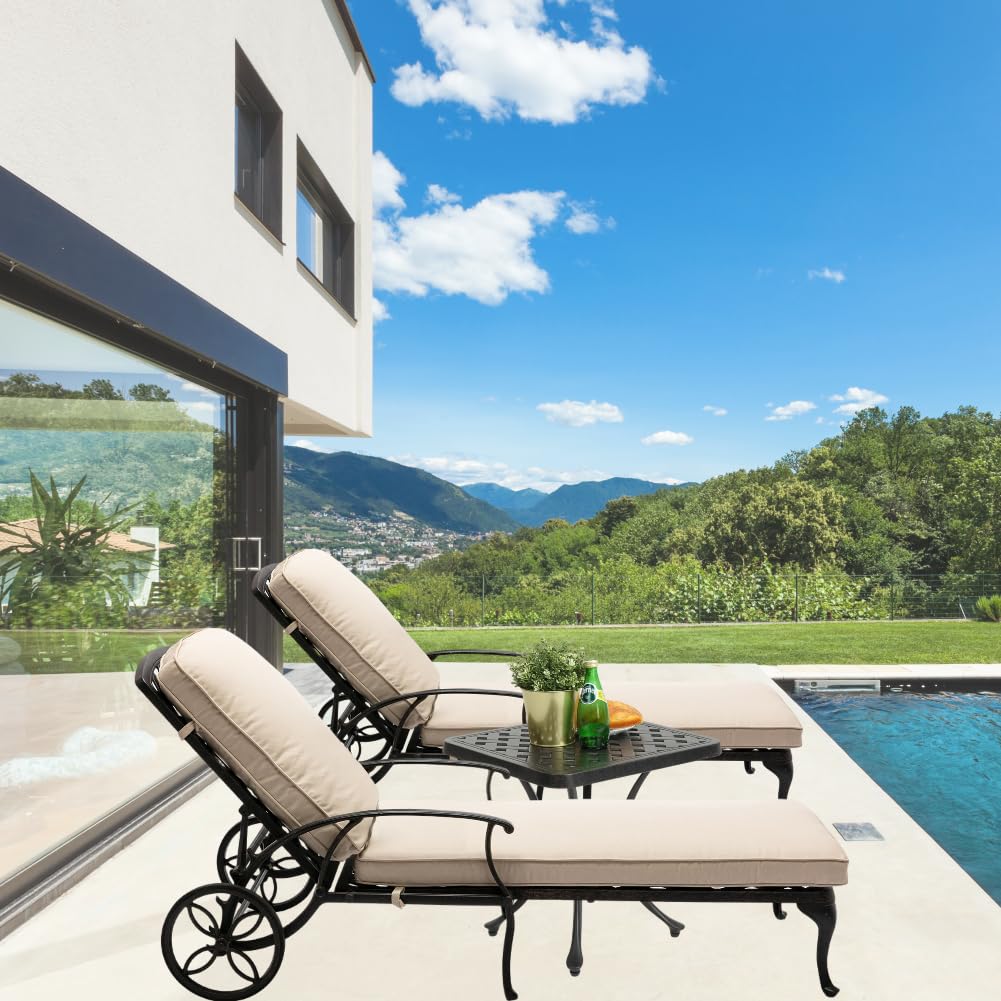 Luccalily Chaise Lounge Outdoor Chair with Side Table, Adjustable Reclining Rust-Resistant Aluminum Cast Poolside Chaise with Convenient Wheels, Outdoor Lounge Furniture Set of 3, (Beige)