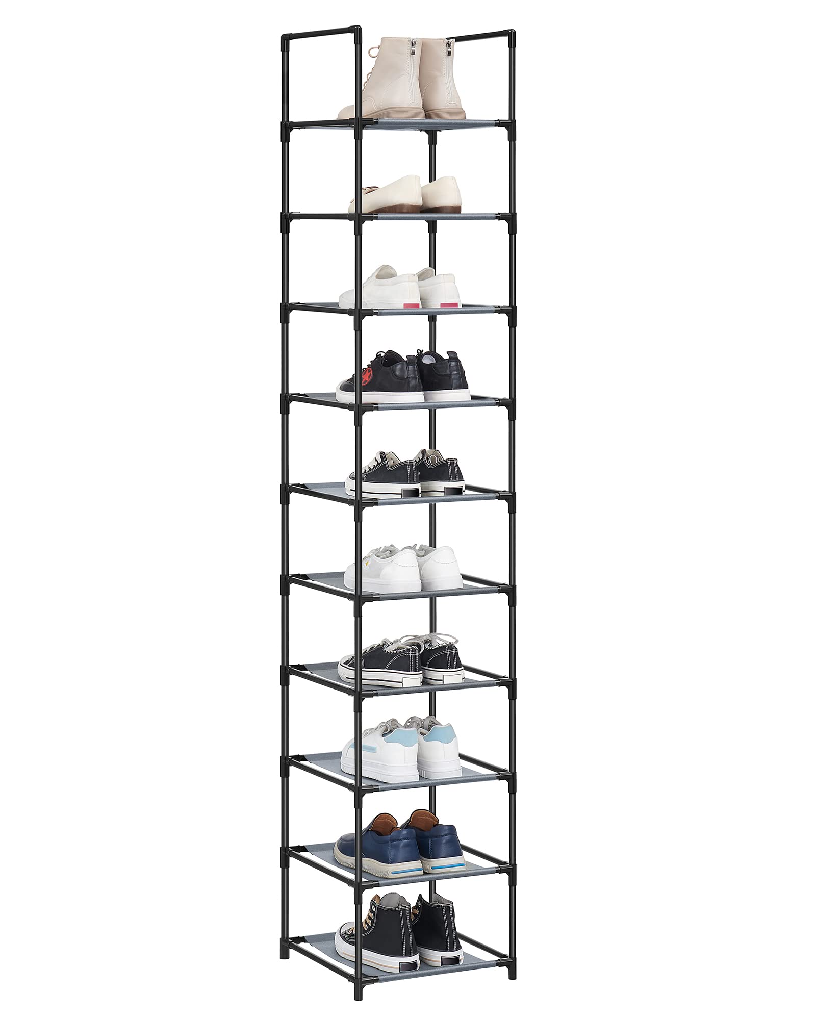 SONGMICS Shoe Rack, 10 Tier Shoe Shelf, Shoe Storage Organizer, Space-Saving, 13 x 13 x 68.1 Inches, Metal Frame, Non-Woven Fabric Shelves, for Entryway, Bedroom, Grey ULSR110G01