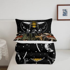 Erosebridal Boho Bee Bedding King Moon Print Comforter Set Wild Fungus Bedding Comforters & Sets Chic Wildlife Duvet Set Mushroom Green Leaves Quilt Set Animal and Botanical Theme Home Decor, Black