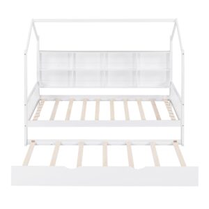 Harper & Bright Designs Twin Size House Bed with Trundle, Wood Twin House Bed Frame with Shelf Compartment, Twin House Bed for Kids with Roof for Girls, Boys,No Box Spring Needed, White