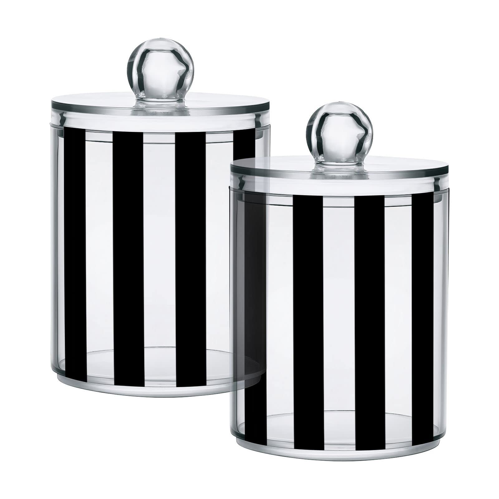 Kigai Black and White Stripes Qtip Dispenser Apothecary Jars Bathroom, 2 Pack of 14 oz - Qtip Holder Storage Canister Clear Plastic Acrylic Jar for Cotton Ball, Cotton Swab, Cotton Round Pads, Floss