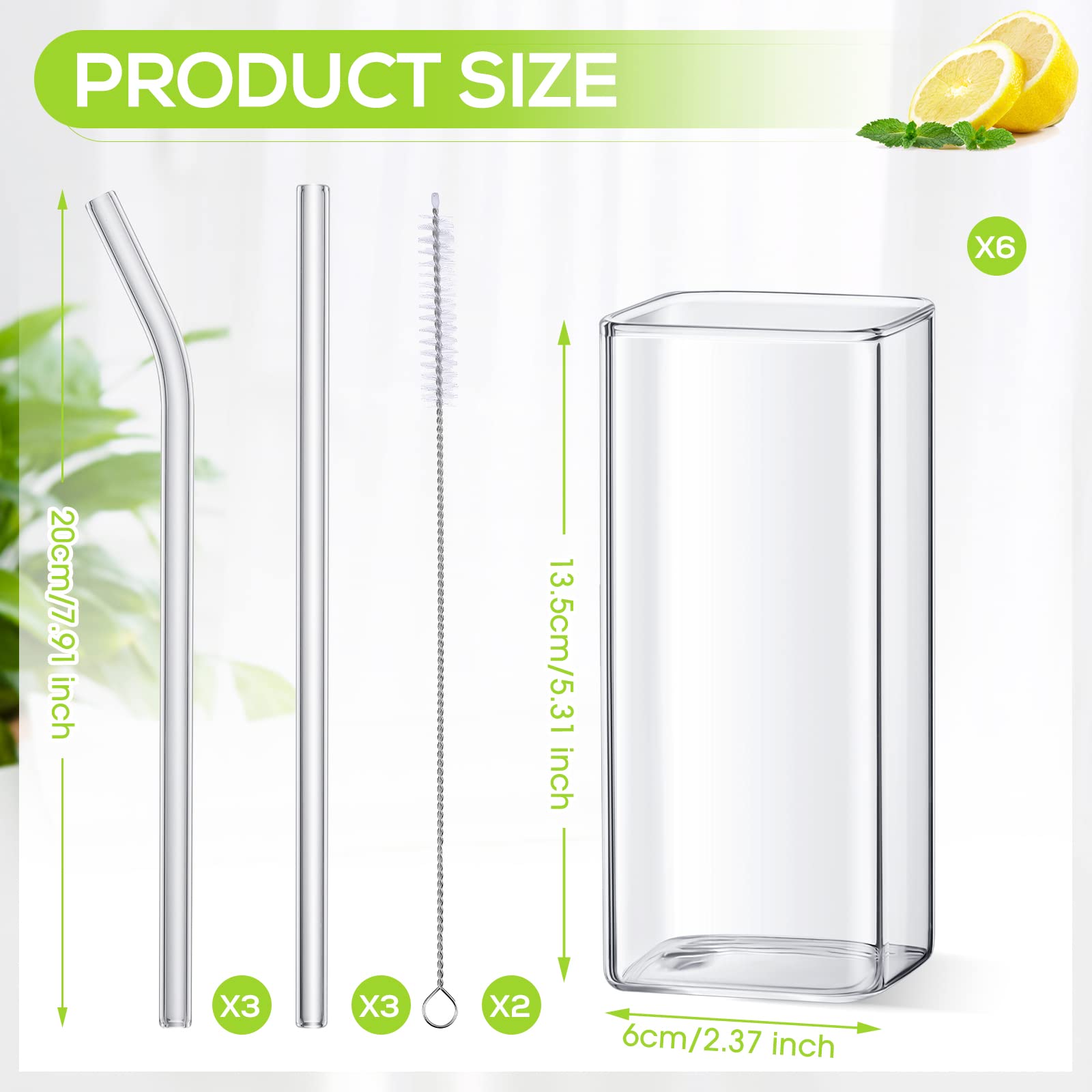 6 Pieces Square Drinking Glasses 13 oz Square Glass Cups Modern Highball Glasses Thin Cute Cocktail Glasses Glassware with Straws and Straw Brushes for Coffee Water Juice Beer Mixed Drink Tumbler