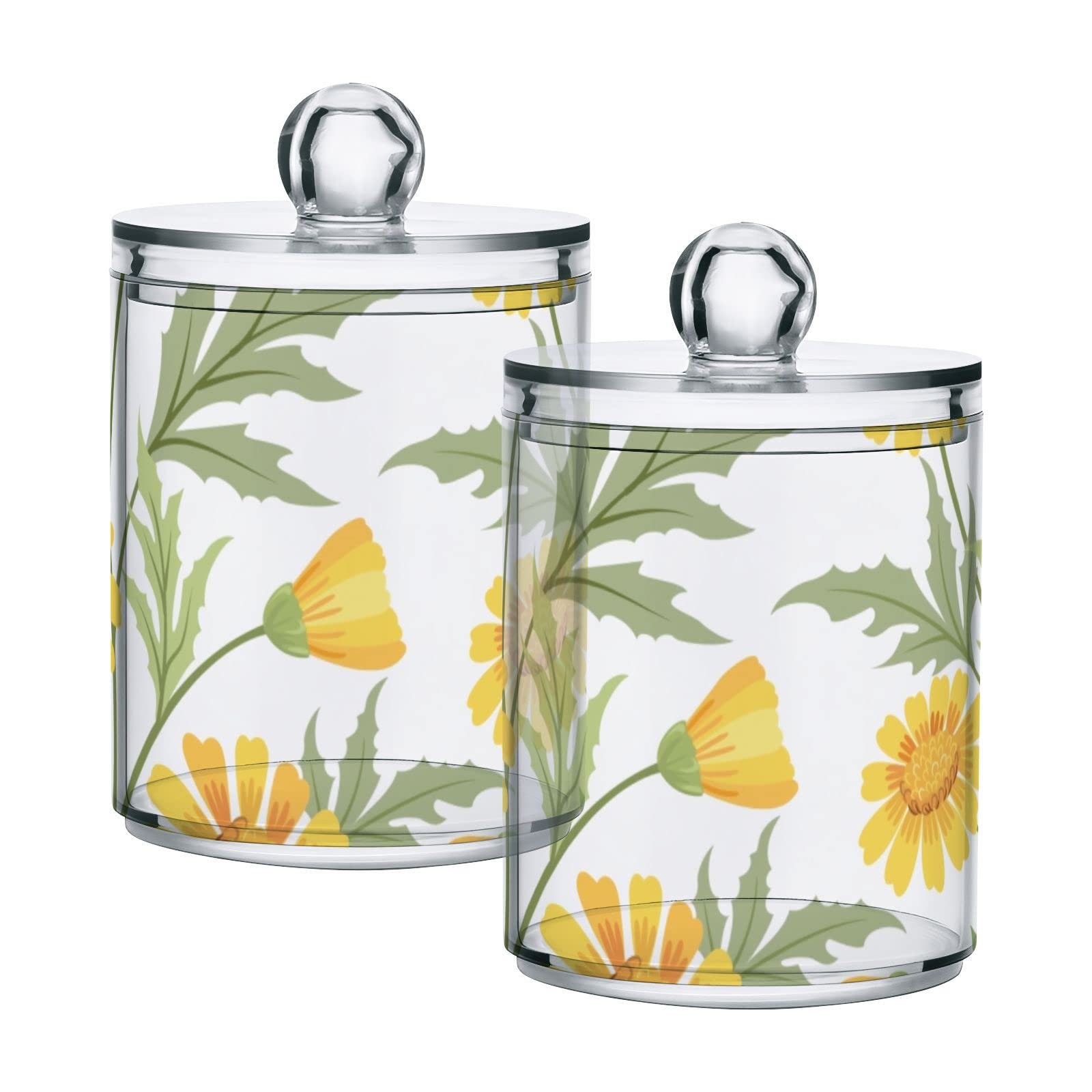 Tatenale Qtip Holder Bathroom Set Q tip Cotton Ball Swab Pad Dispenser Container Organizer Plastic Jars with Lids Storage 2Pack Yellow Daisy Floral