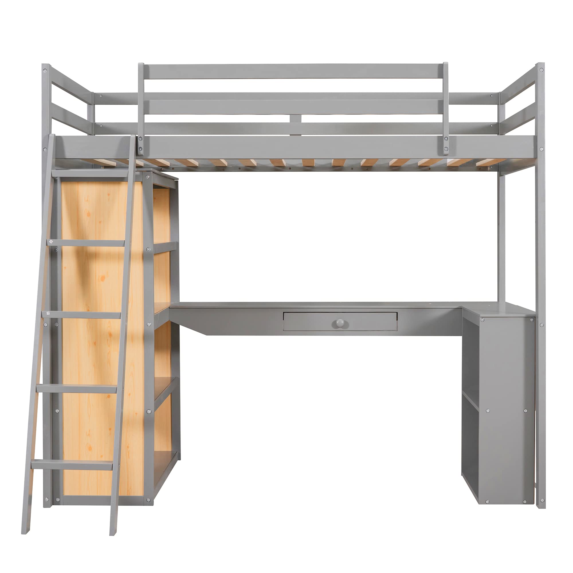 Bellemave Twin Loft Bed with Desk and 6 Storage Shelves, Wood Loft Beds Frame with Bookcase and Writing Board, Modern High Loft Bed for Kids Boys Girls Teens, Twin Size, Gray