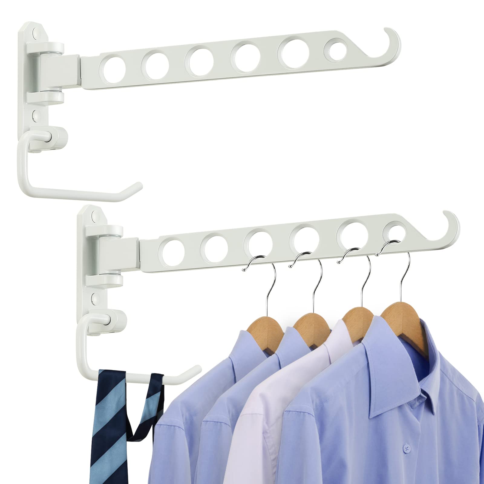 VICSKY Wall Mounted Small Drying Rack with Bar, 180° Swing Arm and 90°Folding, Laundry Room Dryer Rack, Sturdy Hanging Clothes, Safe Valet Hook, Solid Aluminum (White, 2Pack)