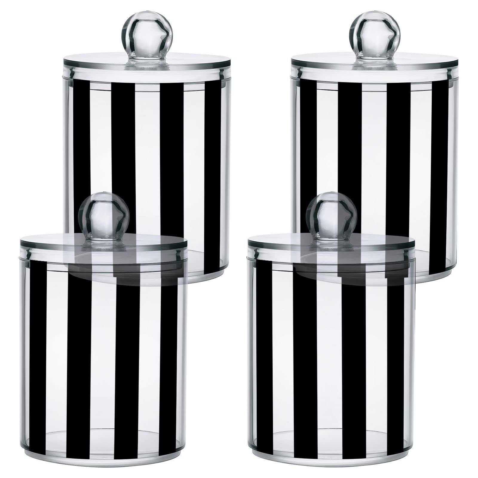 Kigai Black and White Stripes Qtip Dispenser Apothecary Jars Bathroom, 2 Pack of 14 oz - Qtip Holder Storage Canister Clear Plastic Acrylic Jar for Cotton Ball, Cotton Swab, Cotton Round Pads, Floss