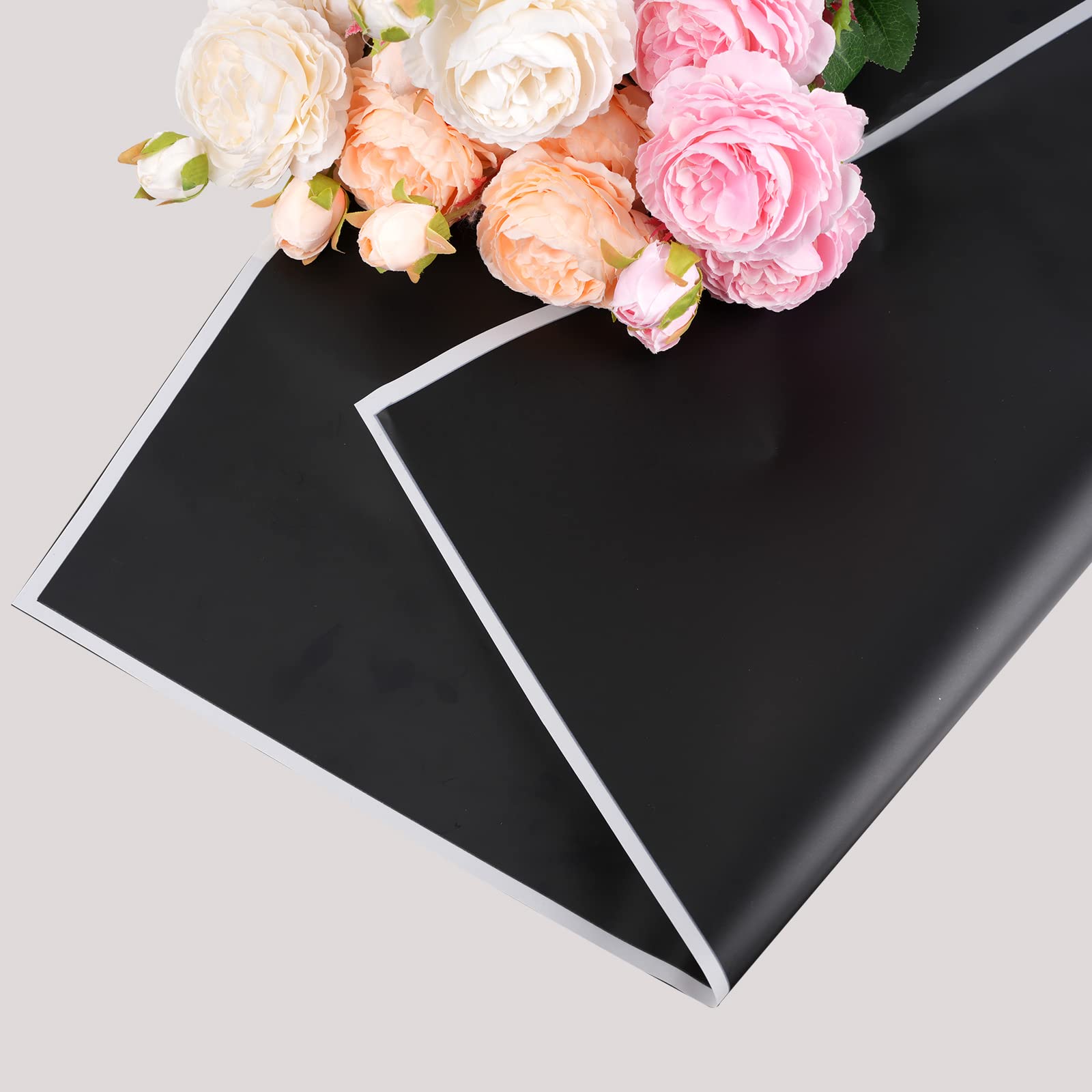 Kosotody 20 Sheets Waterproof Floral Wrapping Paper,Florist Bouquet Packaging Paper with Ribbon, 22.8x22.8 inch (White Edge Black)