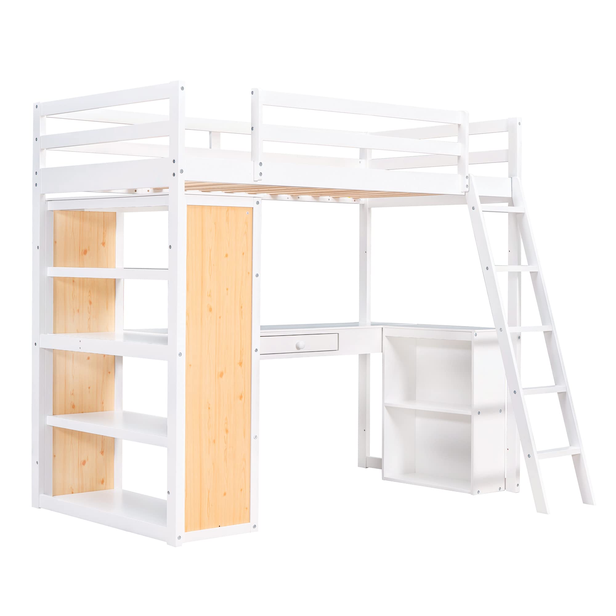 Bellemave Twin Loft Bed with Desk and 6 Storage Shelves, Wood Loft Beds Frame with Bookcase and Writing Board, Modern High Loft Bed for Kids Boys Girls Teens, Twin Size, White