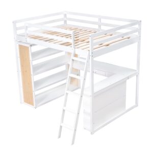 Bellemave Full Loft Bed with Desk and 6 Storage Shelves, Wood Loft Beds Frame with Bookcase and Writing Board, Modern High Loft Bed for Kids Boys Girls Teens, Full Size, White, White With Shelves