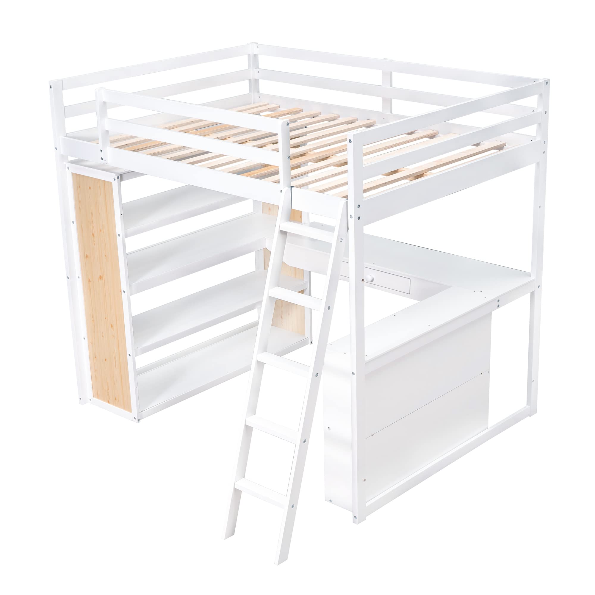 Bellemave Full Loft Bed with Desk and 6 Storage Shelves, Wood Loft Beds Frame with Bookcase and Writing Board, Modern High Loft Bed for Kids Boys Girls Teens, Full Size, White, White With Shelves