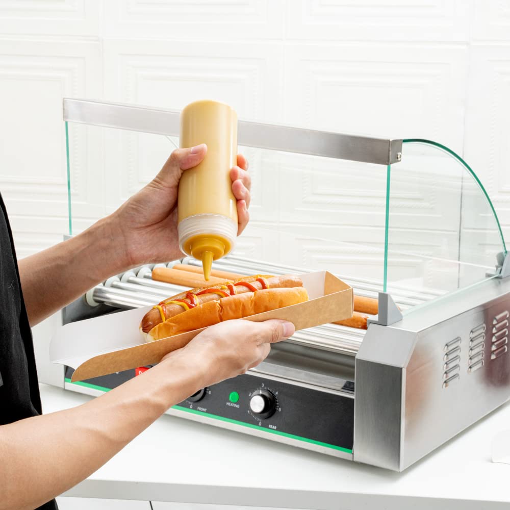 Restaurantware Hi Tek Hot Dog Spinner 1 Curved Glass Sneeze Guard Hot Dog Cooker - Dual Temperature Controls Removable Drip Tray Stainless Steel Hot Dog Roller No-Slip Feet Fits 24 Hot Dogs