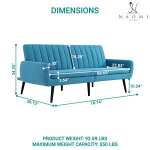 Naomi Home Raven Modern Futon Sofa Bed, Convertible Sofa Futon, Split Back Linen Sleeper Couch for Living Room, Mid Century Modern Couch Bed, Fold Out Couch Bed with Tapered Legs Seafoam Blue