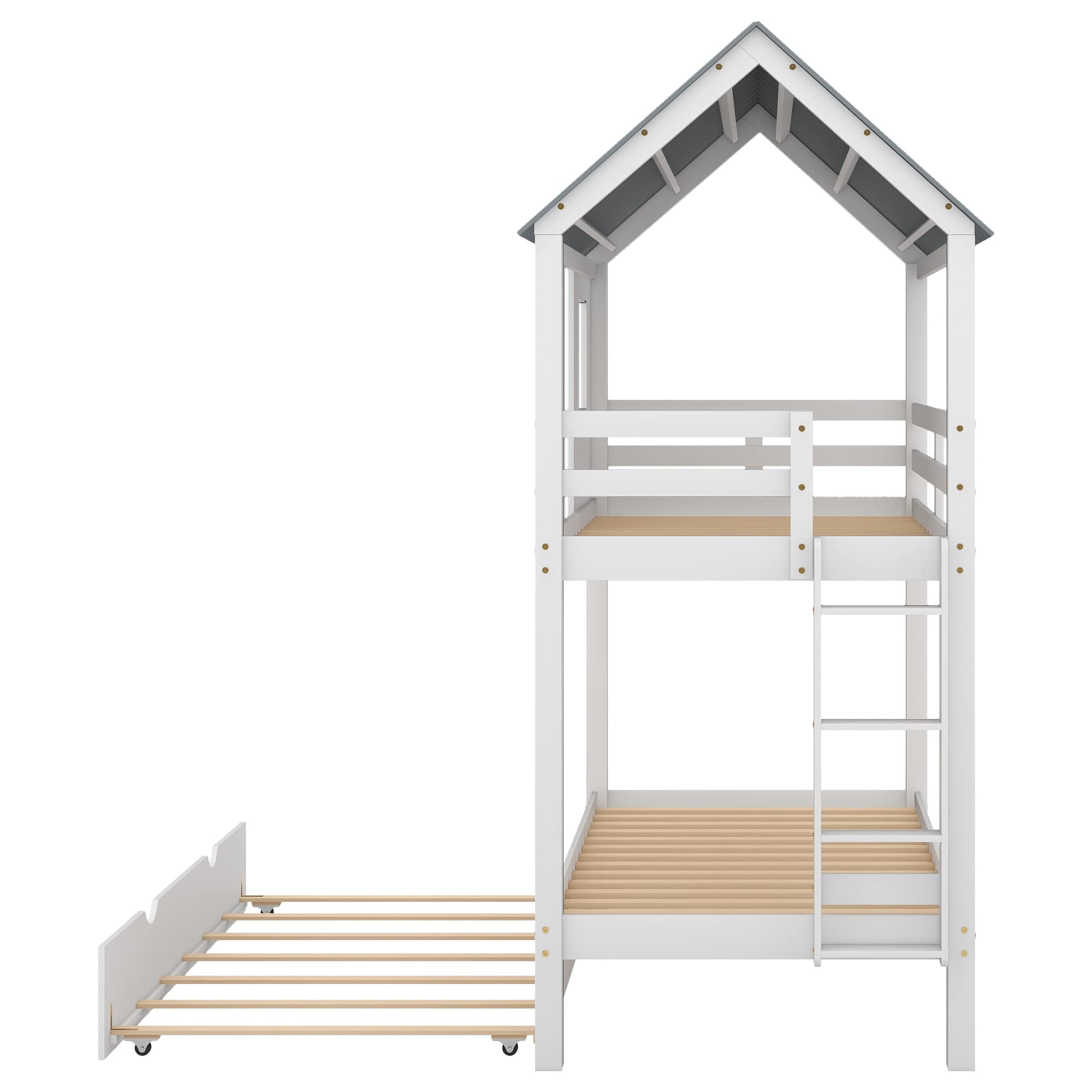 Merax Twin Over Twin House Bunk Beds with Trundle, Wood Bed Frames with Two Front Windows and Roof for Toddlers/Boys/Girls, White