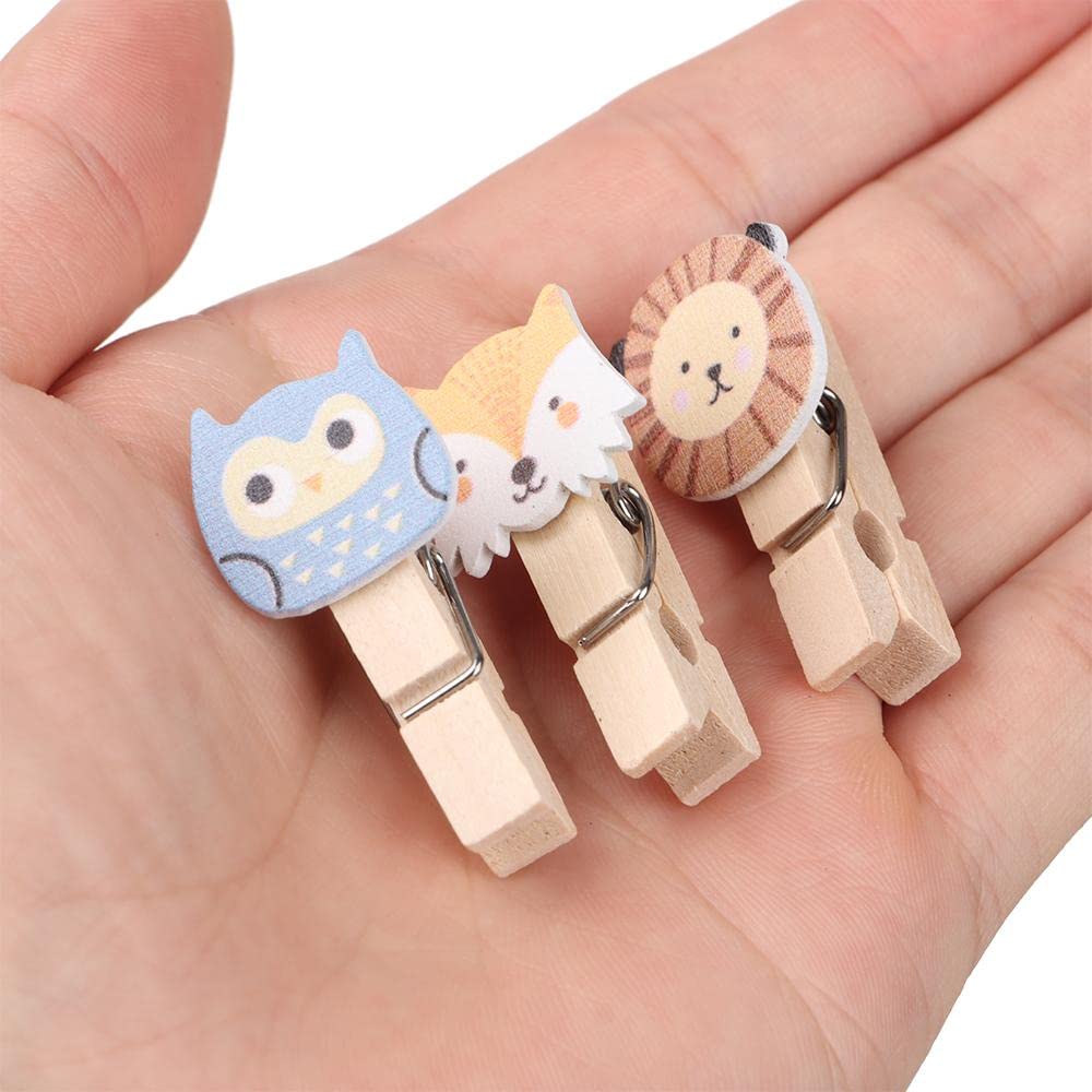 10Set/100PCS Wood Clips Animals with Twine Clothespins Cute Desk Decoration with Rope