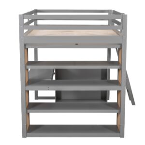 Bellemave Full Loft Bed with Desk and 6 Storage Shelves, Wood Loft Beds Frame with Bookcase and Writing Board, Modern High Loft Bed for Kids Boys Girls Teens, Full Size, White, Gray With Shelves