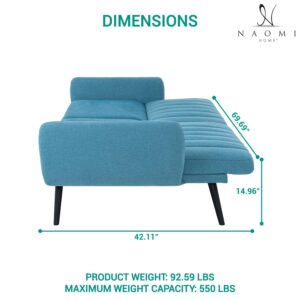 Naomi Home Raven Modern Futon Sofa Bed, Convertible Sofa Futon, Split Back Linen Sleeper Couch for Living Room, Mid Century Modern Couch Bed, Fold Out Couch Bed with Tapered Legs Seafoam Blue