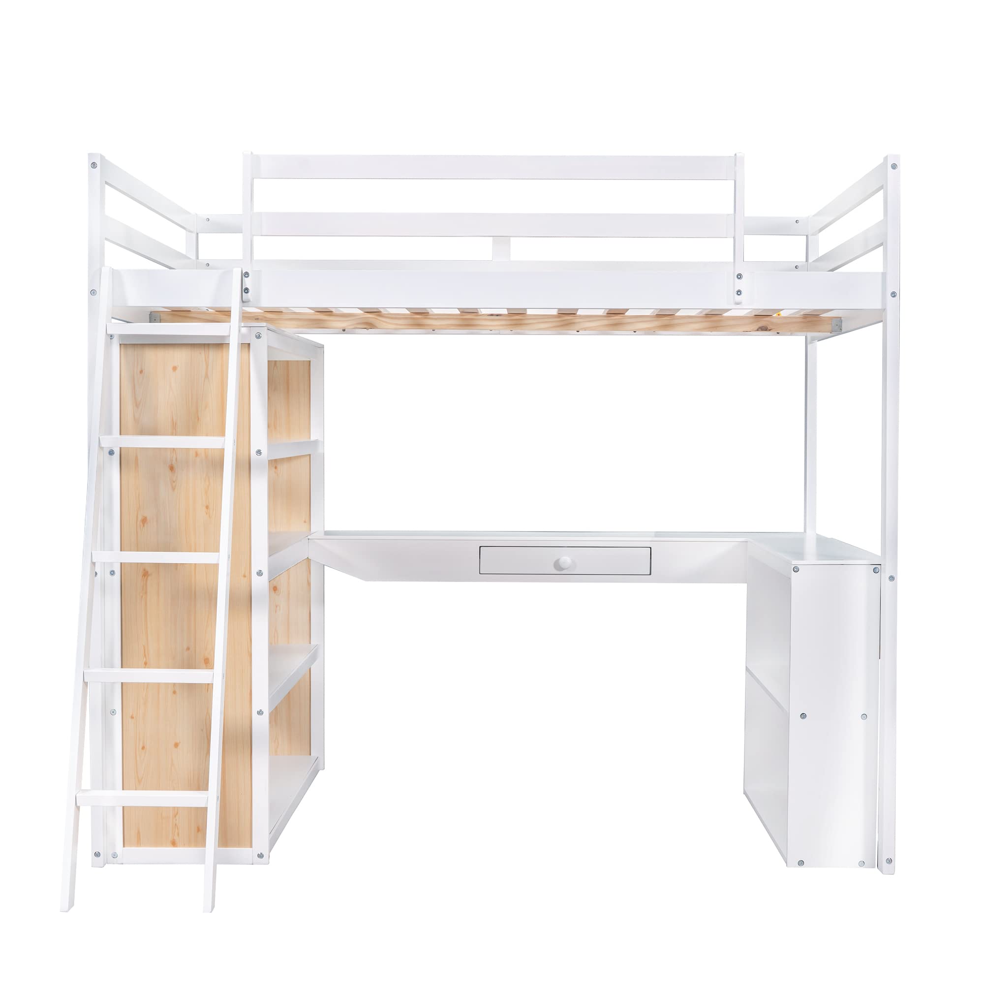 Bellemave Full Loft Bed with Desk and 6 Storage Shelves, Wood Loft Beds Frame with Bookcase and Writing Board, Modern High Loft Bed for Kids Boys Girls Teens, Full Size, White, White With Shelves