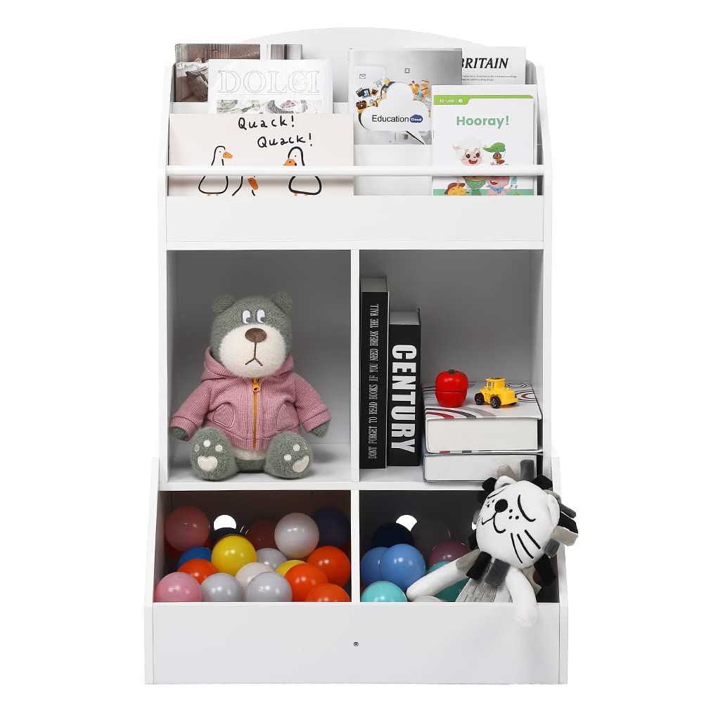 Kids Bookshelf and Toy Storage, Wood Book Shelf Organizer for Toddler, Playroom Storage, White