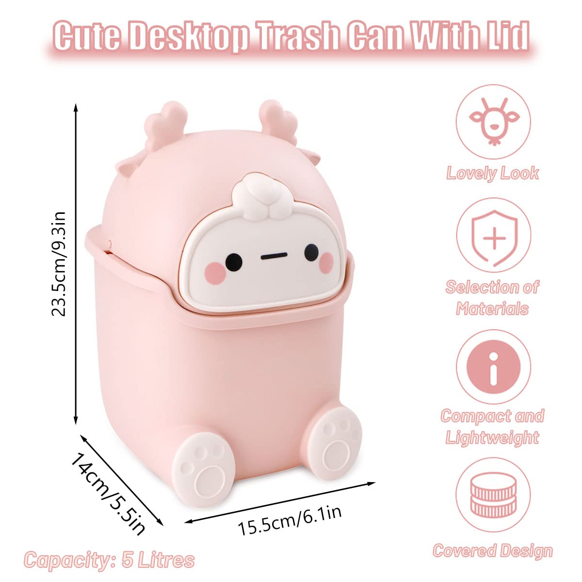 TIE-DailyNec Cute Desktop Trash Can with 90 Trash Bags, Mini Creative Trash Can with Flip Lid Plastic Storage bin, Waste Basket Garbage Can for Bathrooms Kitchens Offices Dressing Table (Pink)