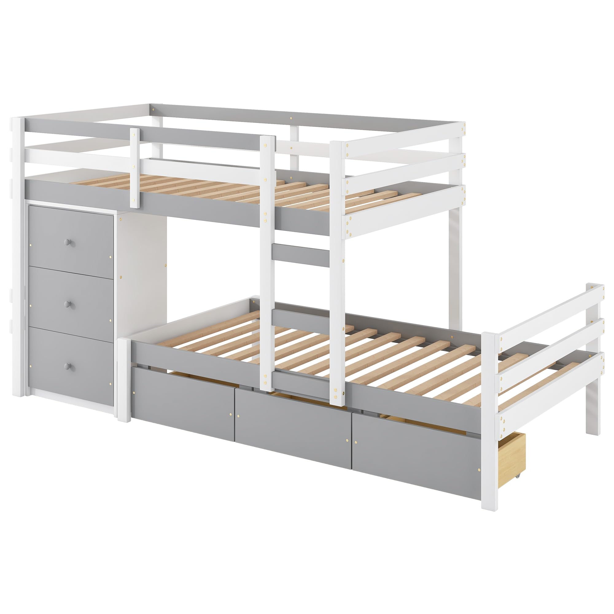 Harper & Bright Designs Twin Over Twin Bunk Bed with 6 Drawers, Solid Wood Bunk Beds with Ladder, Safety Rail for Kids, Boys and Girls, Teens, No Box Spring Needed (Natural)