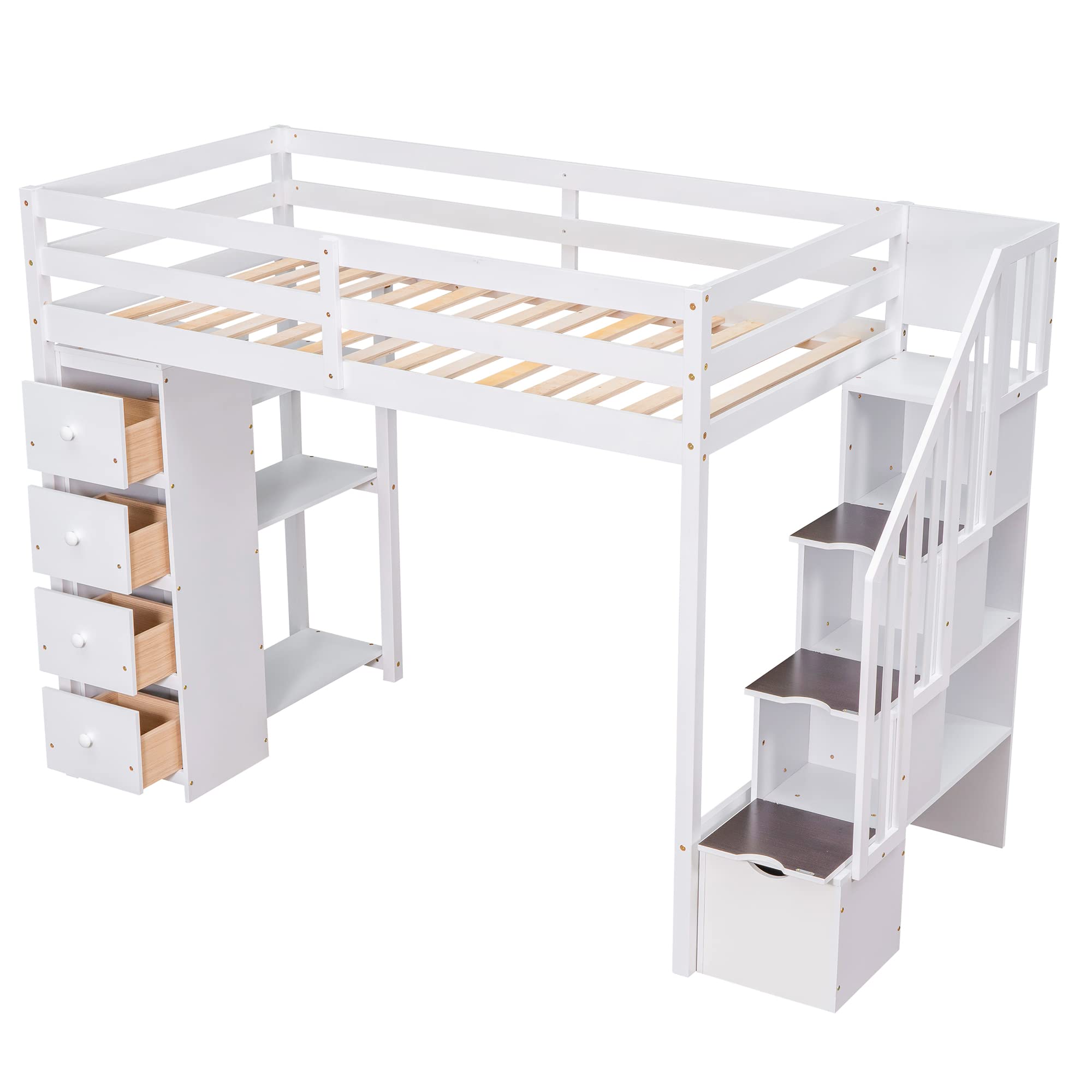 Twin Loft Bed with Stairs and Storage Drawers, Wood Loft Beds Frame with Shelves and Bookcase, Modern High Loft for Kids Boys Girls Teens, Twin Size, White