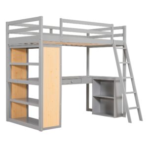 Bellemave Twin Loft Bed with Desk and 6 Storage Shelves, Wood Loft Beds Frame with Bookcase and Writing Board, Modern High Loft Bed for Kids Boys Girls Teens, Twin Size, Gray