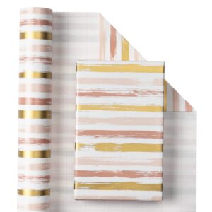 WRAPAHOLIC Reversible Wrapping Paper - Mini Roll - 17 Inch X 33 Feet - Pink Gold Lines and Solid Pink Design for Birthday, Holiday, Wedding, Baby Shower