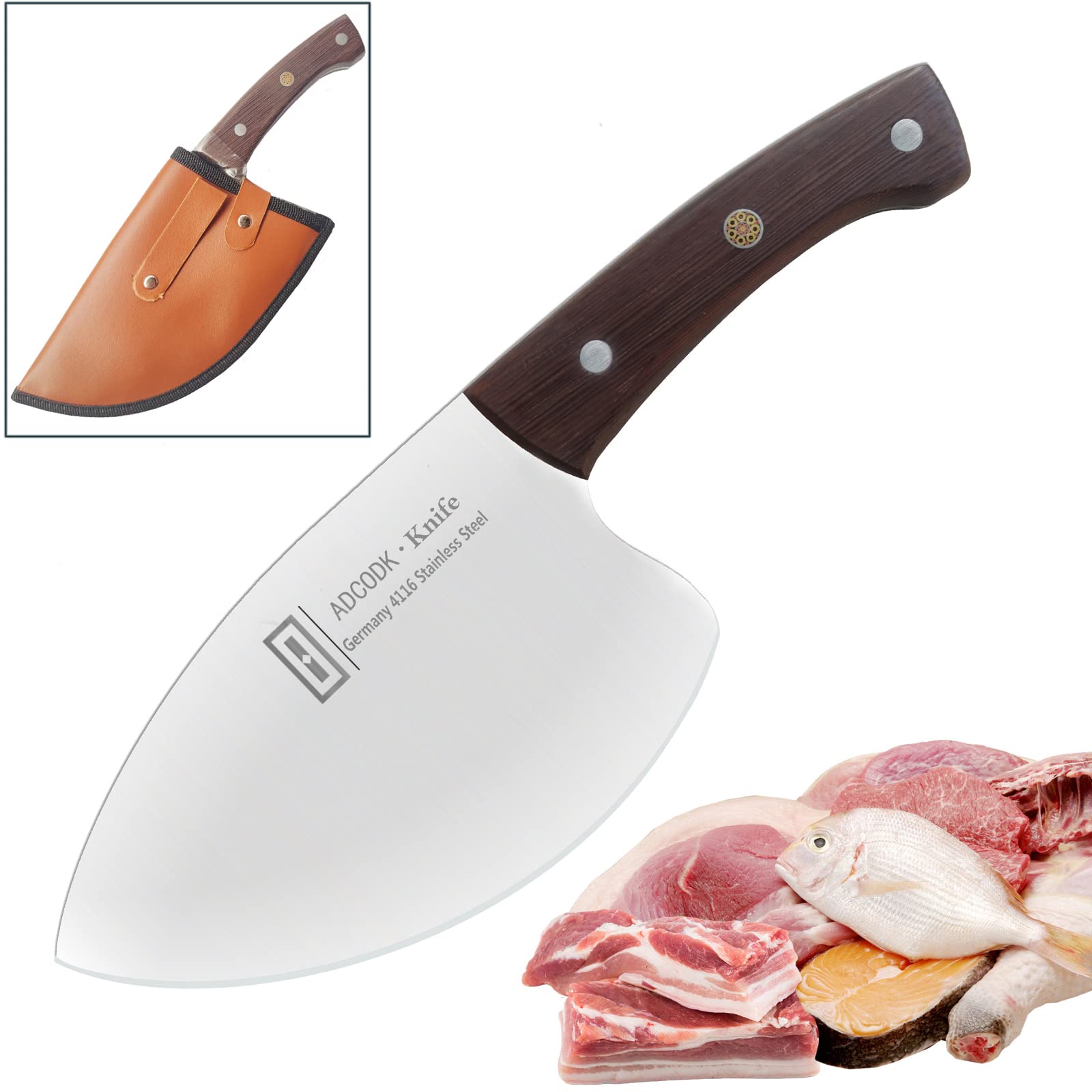 ADCODK Cleaver Fish Knives Professional Viking Cutting Boning Seafood Meat Kitchen Special Sharp Tuna Butcher Knife Full Tang with Sheath