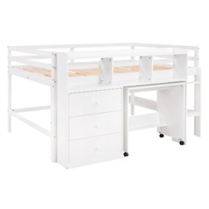 Bellemave Low Full Loft Bed with Desk and Storage Drawers Wood Kids Loft Beds Frame with Storage Shelves & Rolling Portable Desk for Juniors, Teen, Boys, Girls, Full Size, White