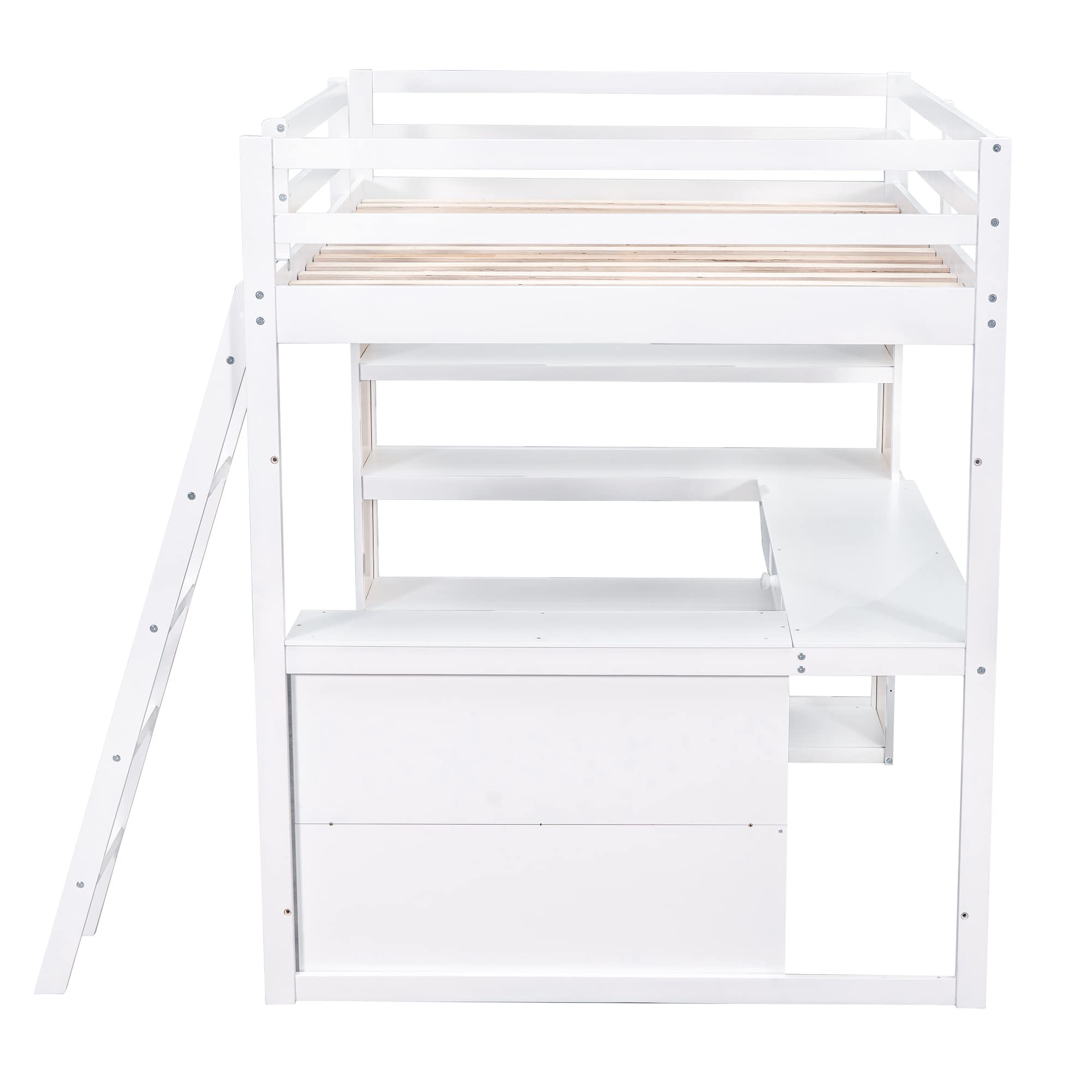 Bellemave Full Loft Bed with Desk and 6 Storage Shelves, Wood Loft Beds Frame with Bookcase and Writing Board, Modern High Loft Bed for Kids Boys Girls Teens, Full Size, White, White With Shelves